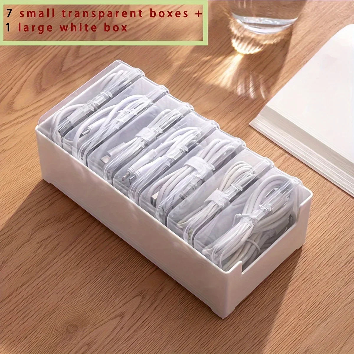 Data Cable Storage Box - Desktop Cable Organizer with 7 Compartment Boxes for Chargers, Leads and Adapters, Everstock