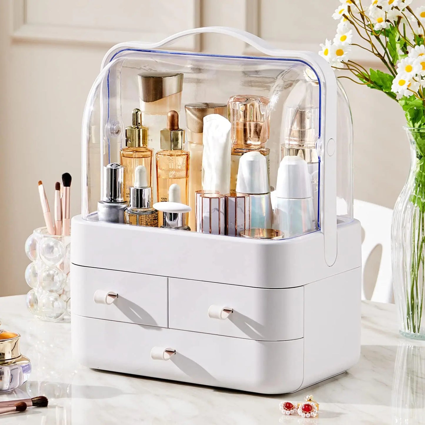 Countertop Cosmetic Organizer - Dustproof Lid, Pull-Out Drawer, Waterproof for Dresser & Bathroom Vanity, Everstock