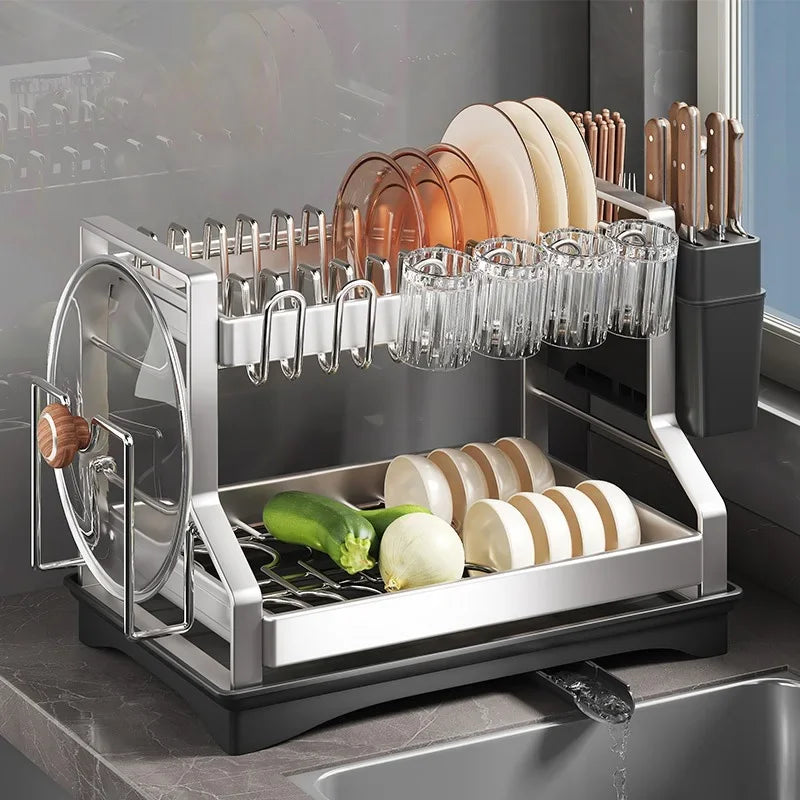 2-Tier Dish Drying Rack - Stainless Steel Drainer for Bowls, Plates, Cutlery & Pot Lids, Countertop, Everstock