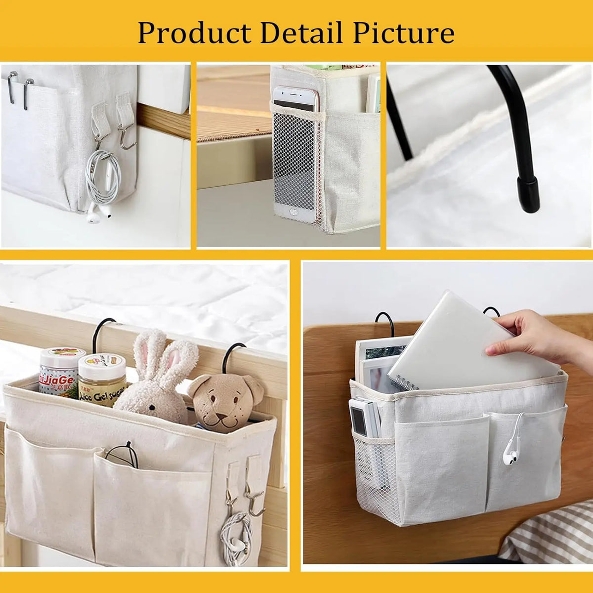 Bedside Storage Caddy - Canvas Hanging Basket with Iron Frame and 3 Pockets for Dorm Bunk Beds, Everstock