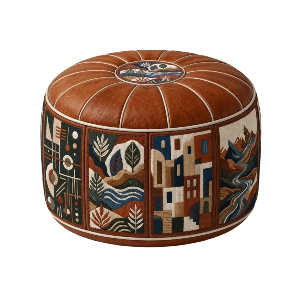 Round Storage Ottoman Pouf Cover - Fillable PU Leather Floor Seat with Boho Pattern, 53 x 35cm, Everstock