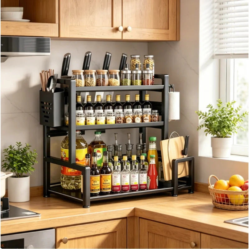 Spice Rack Organizer - 3-Tier Adjustable Metal Shelf with Knife Holder & Hooks, Kitchen Countertop, Everstock