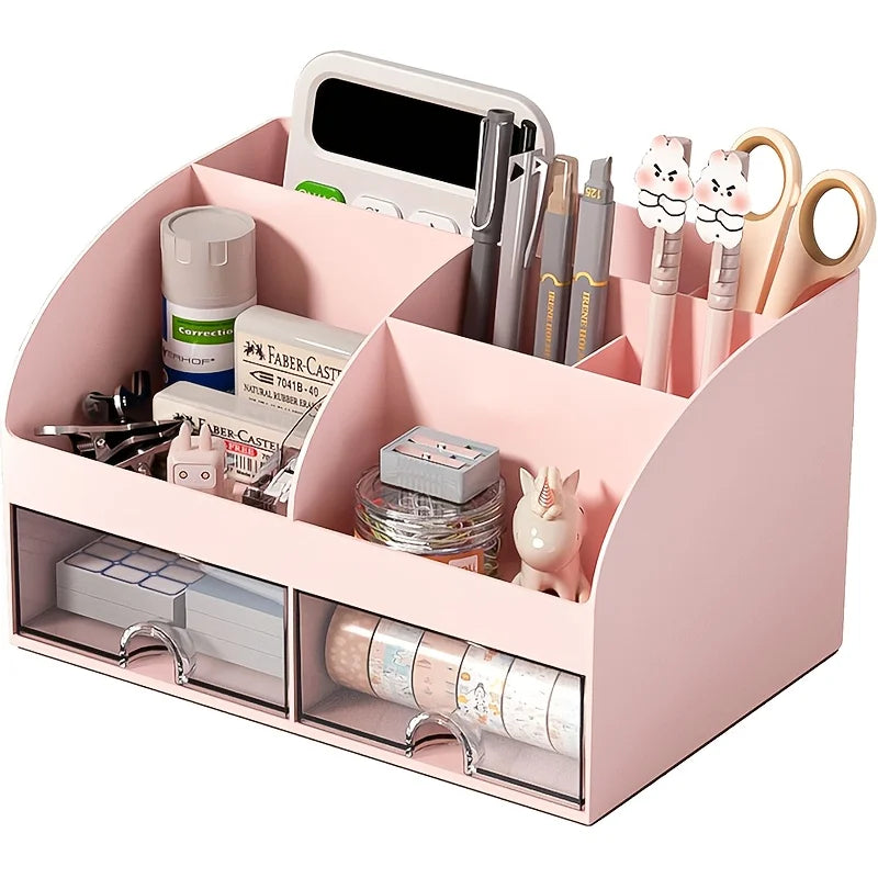 6-Compartment Desk Organizer with 2 Drawers - Plastic Desktop Storage Set with Pencil Holder for Cosmetics, Everstock
