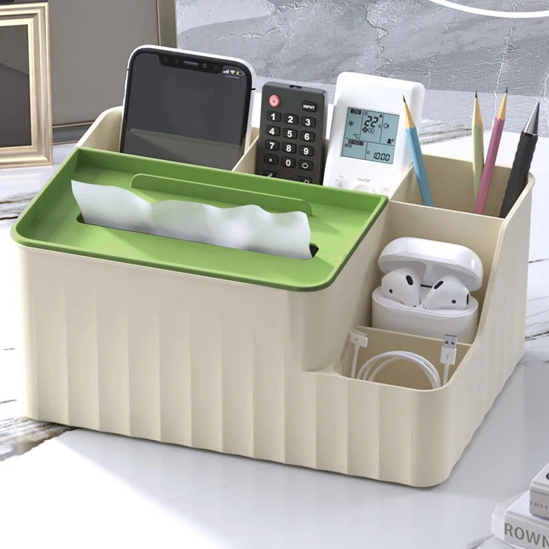 Tissue Box Organizer with Remote Holder - 6-Section Plastic Caddy for Living Room Tables and Desks, Everstock