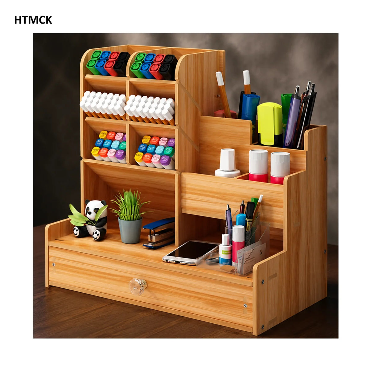 Wooden Desk Organizer with Drawer - Large Capacity Pen Holder and Stationery Storage Box for a Home Office Desk, Everstock