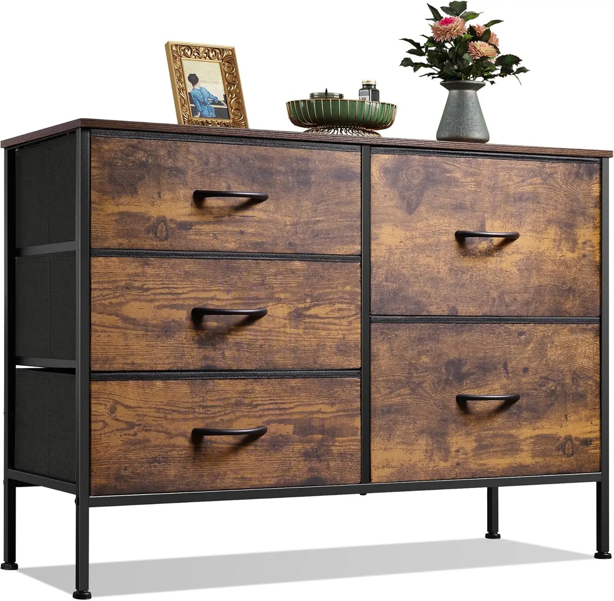 5-Drawer Fabric Dresser - 40-Inch Wide Chest of Drawers with Wood Top and Metal Frame for Bedroom Storage, Everstock