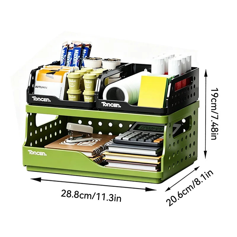 3-Tier Desk Organizer - Stackable Plastic Storage Box with 2 Large and 2 Small Compartments for Office Desktops, Everstock