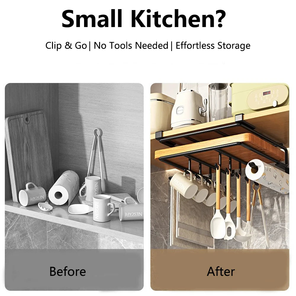 Under-Cabinet Hook Rack - Carbon Steel Hanging Organizer for Towels, Boards & Pot Lids, Kitchen, Everstock