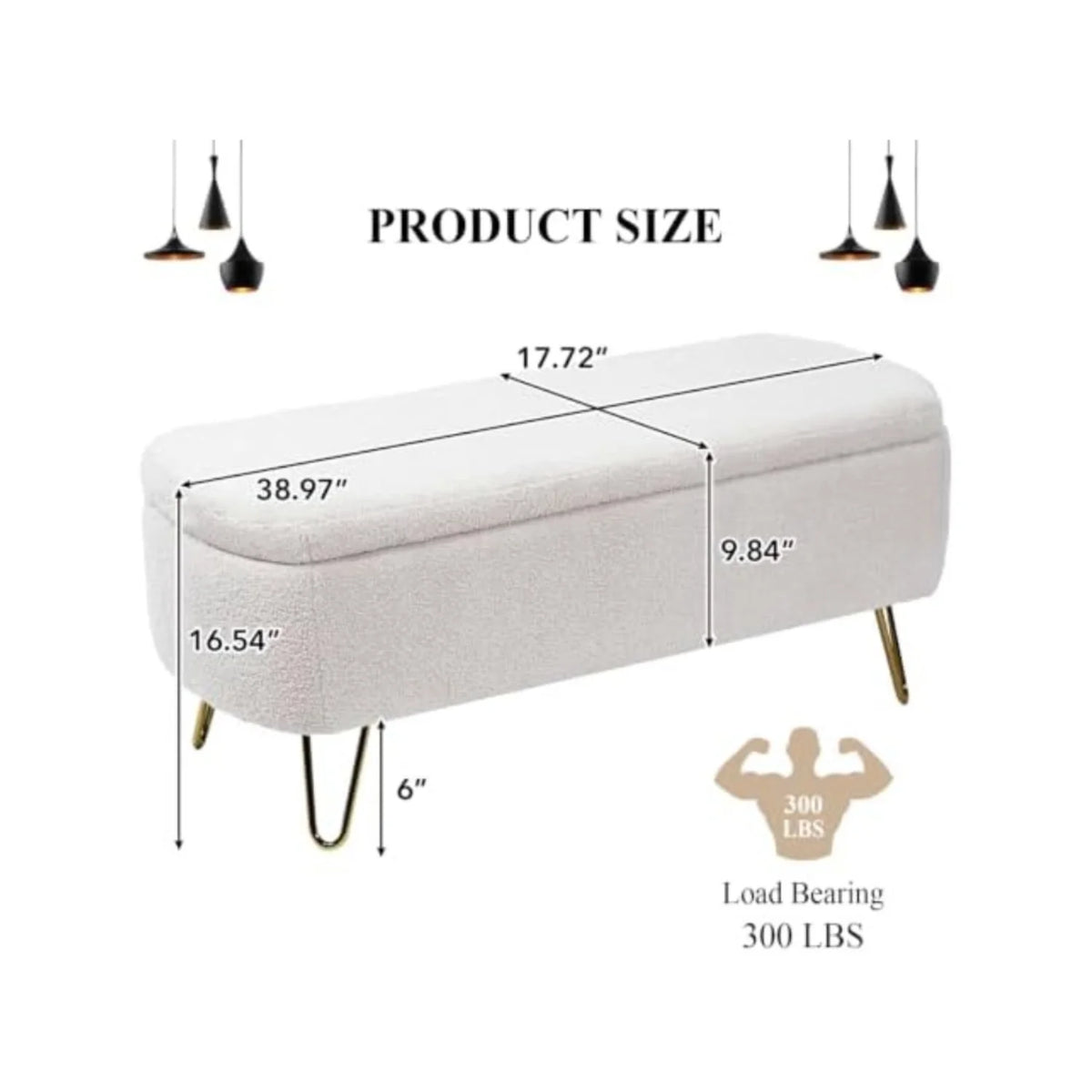 Storage Ottoman Bench - Boucle Upholstered Entryway Seat with Gold Metal Legs, 300lb Capacity, 38.97in Wide, Everstock