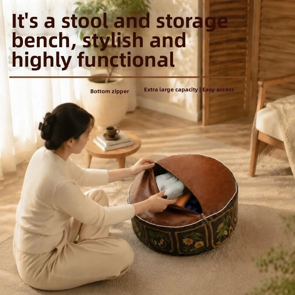 Round Storage Ottoman Pouf Cover - Fillable PU Leather Floor Seat with Boho Pattern, 53 x 35cm, Everstock