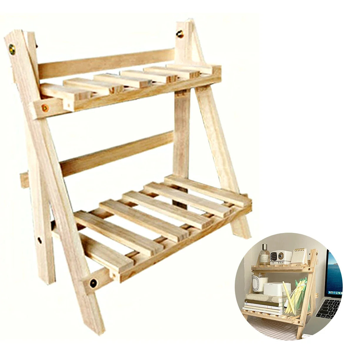 Wooden Desk Organizer Shelf - 2-Tier Folding Wood Storage Rack for Stationery, Books & Dorm Desktops, Everstock