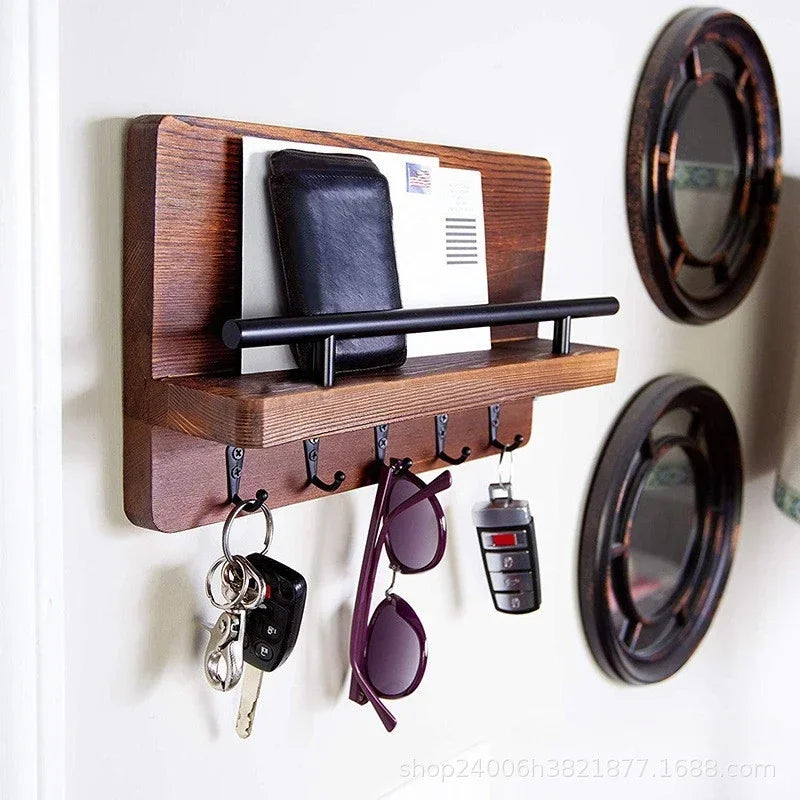 Wooden Wall Key Holder with Shelf - Mail and Key Rack with Large Hooks for Bags, Coats and Umbrellas, Everstock