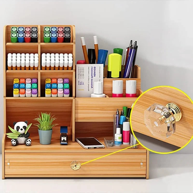 Wooden Desktop Organizer with Drawer - Large-Capacity Stationery Storage for Home & Office, Everstock