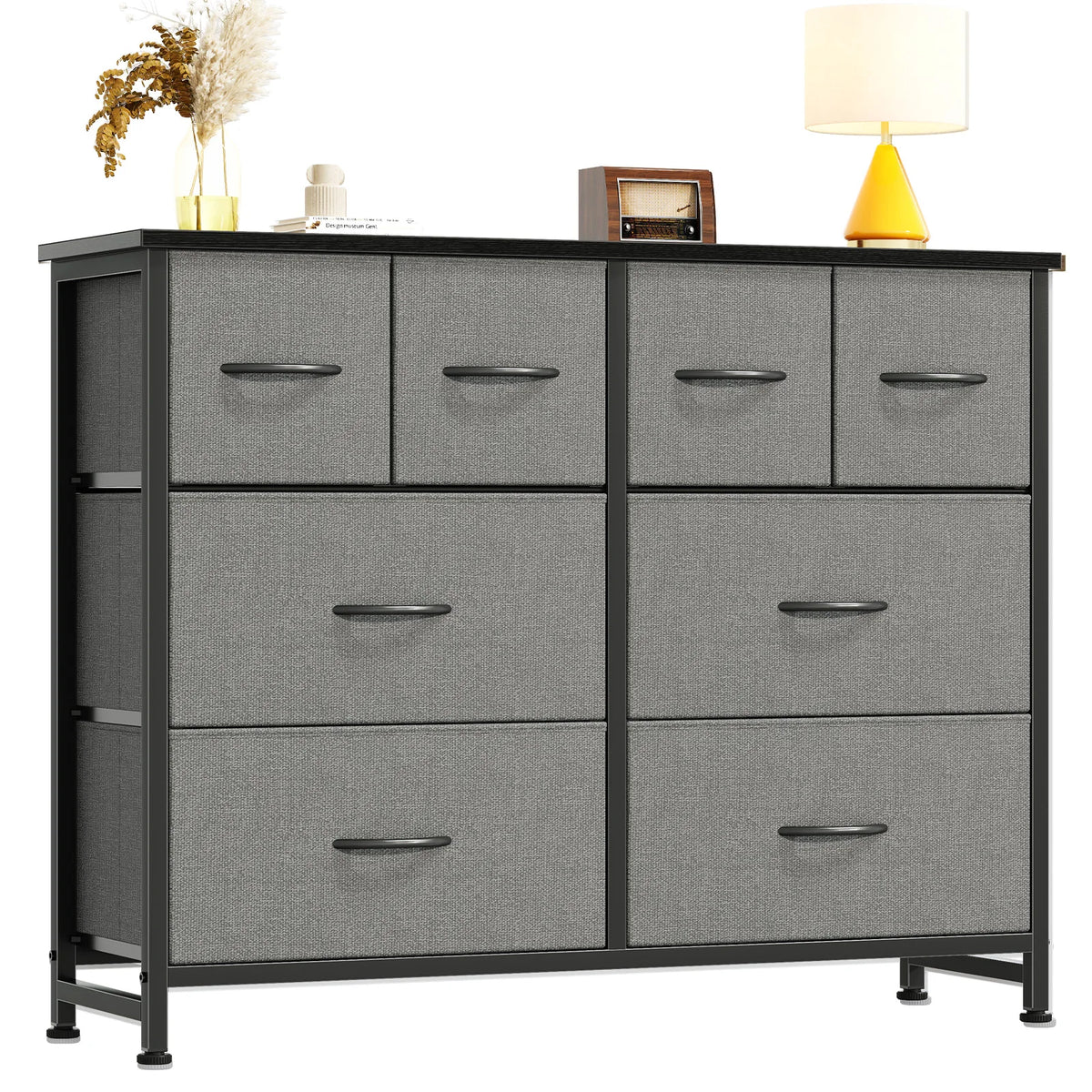 Wide Fabric Dresser & TV Stand - 63-Inch Storage Tower with Wood Top, Metal Frame and Deep Fabric Drawers, Everstock