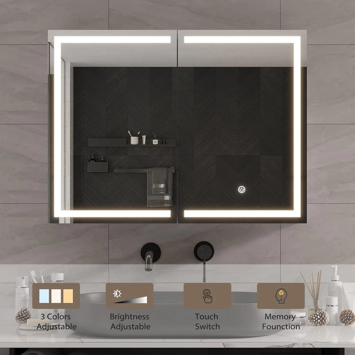 Wall-Mounted Mirror Storage Cabinet - LED Lighted Bathroom Cabinet with Adjustable Shelves, Everstock