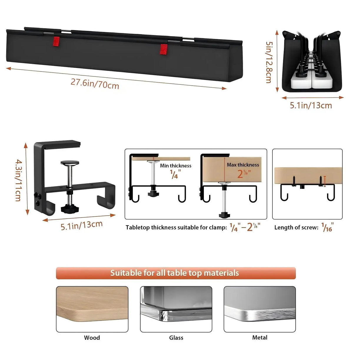 Under-Desk Cable Management Tray - Clamp or Screw Mount Cord Tray for Desks and Standing Desks, Everstock