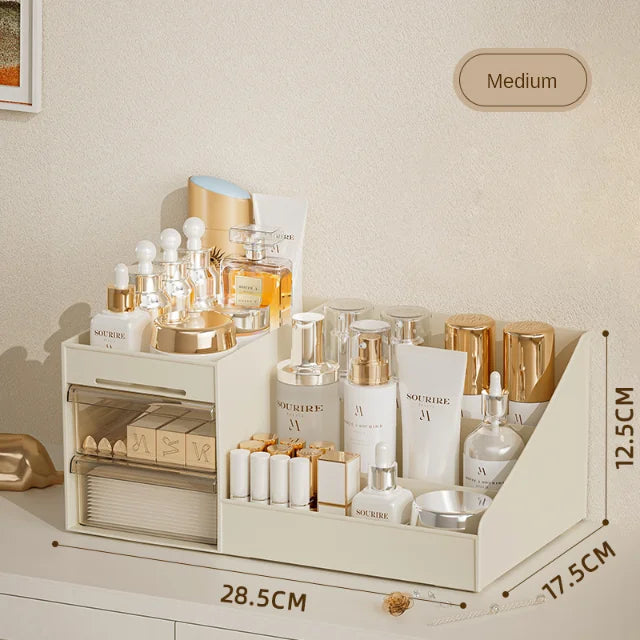Makeup Drawer Organizer - Beige Plastic Cosmetic Storage Box with Partition for Vanity & Dorm Desks, Everstock