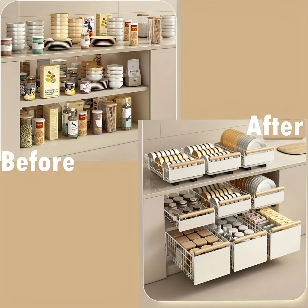 Pull-Out Cabinet Drawer Organizer - Carbon Steel Sliding Rack for Plates, Bowls & Spices, Kitchen Storage, Everstock