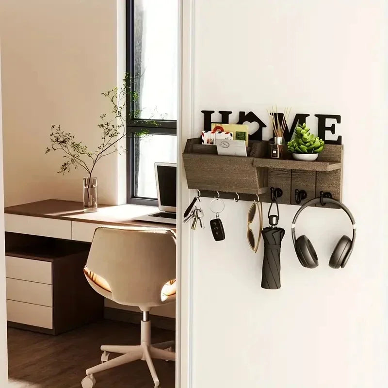 Wooden Wall Key Holder with Shelf - Mail and Key Rack with Large Hooks for Bags, Coats and Umbrellas, Everstock