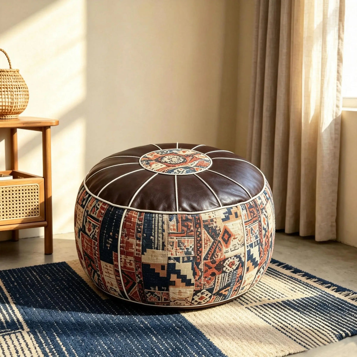 Unstuffed Pouf Ottoman Cover - Bohemian Faux Leather Floor Cushion You Fill with Blankets and Clothes, Everstock