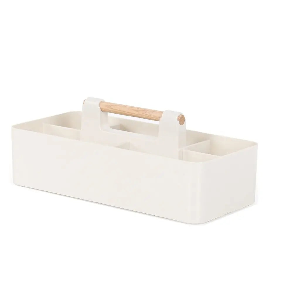Stackable Desk Organizer Basket - Divided Plastic Tray with Wood Handle for Stationery, Makeup and Desktop Storage, Everstock