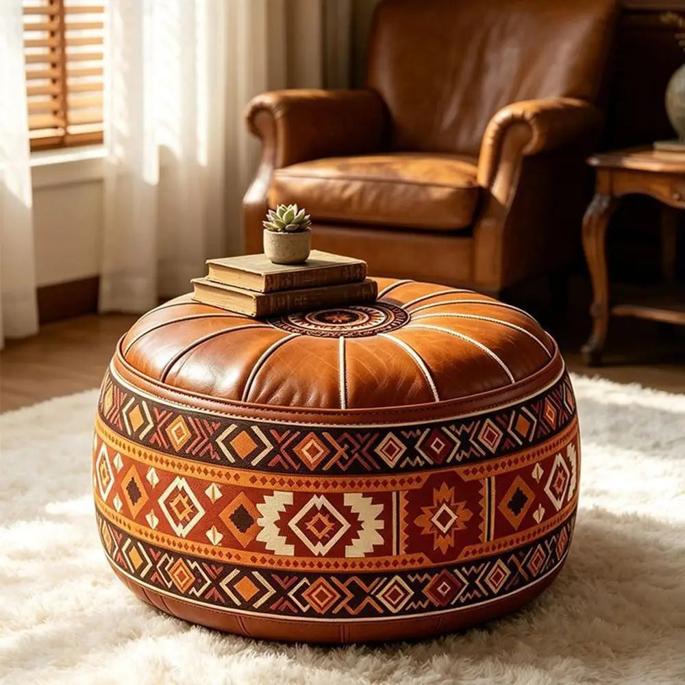 Fillable Storage Ottoman Pouf - Round Moroccan PU Leather Floor Seat, 53 x 53 x 35cm, for Living Room, Everstock