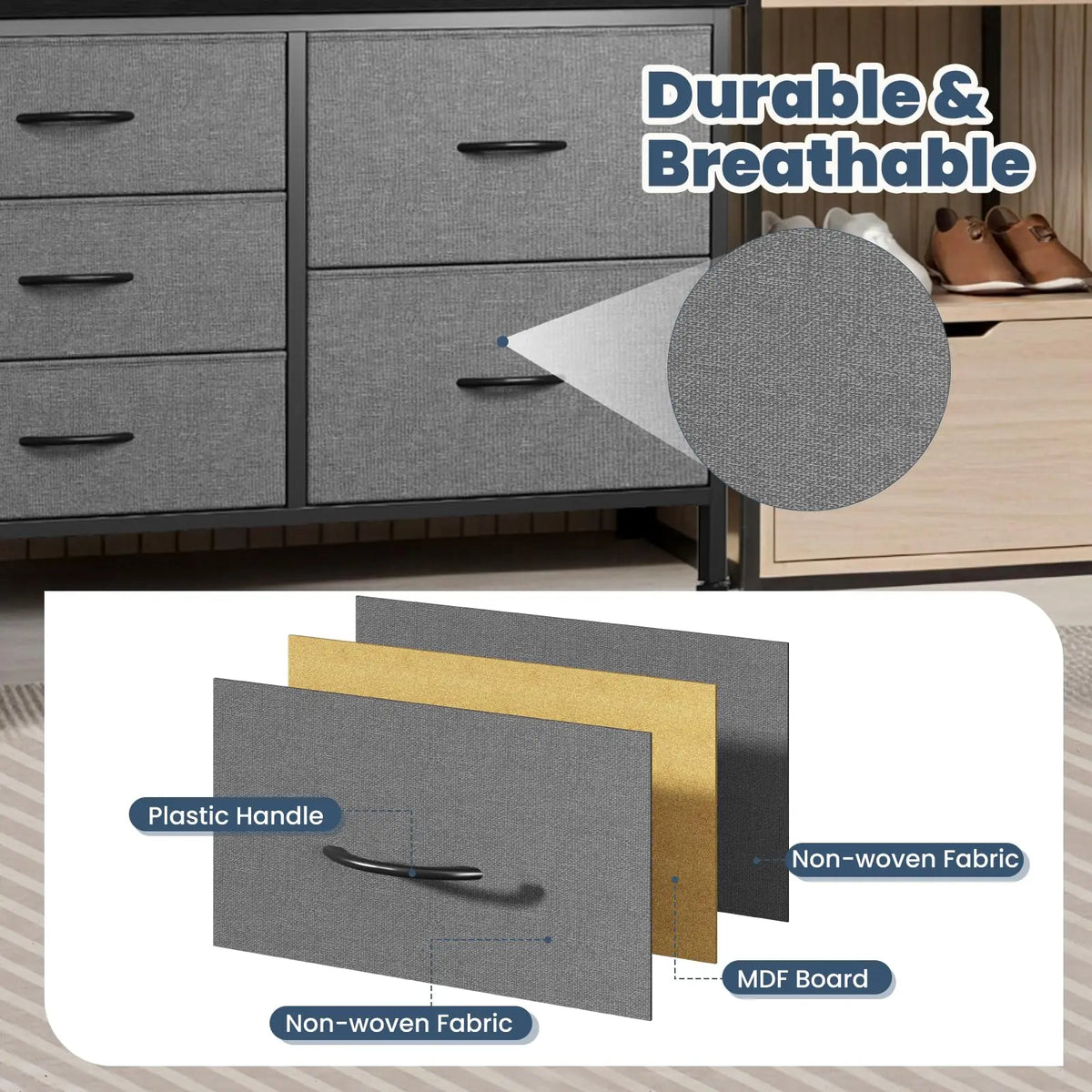 Fabric Chest of Drawers, 5 Bins - Metal-Frame Bedroom Storage Tower with Wood Top and Pull Handles, Everstock