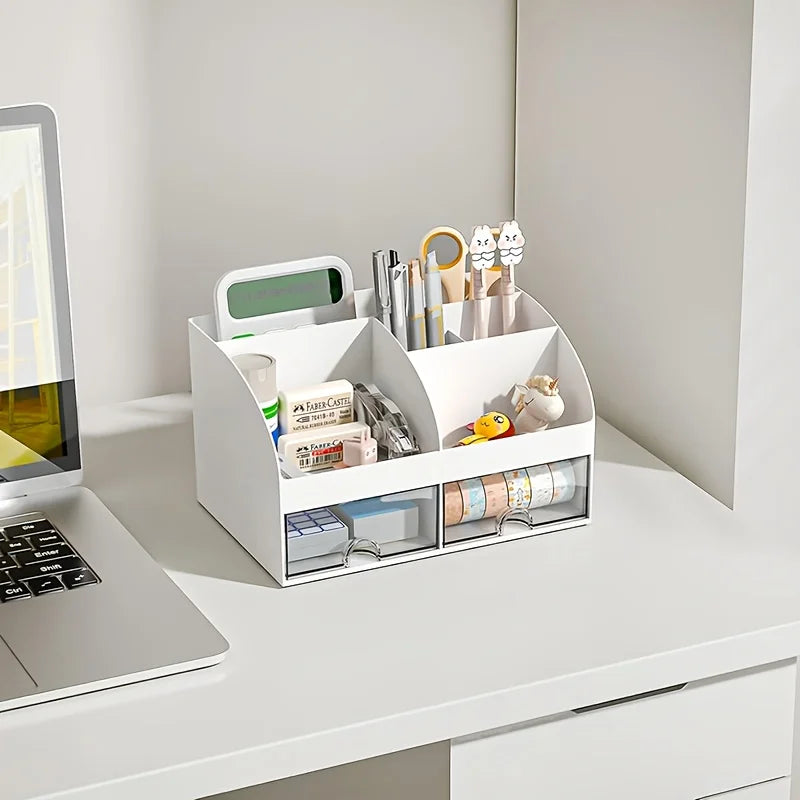 6-Compartment Desk Organizer with 2 Drawers - Plastic Desktop Storage Set with Pencil Holder for Cosmetics, Everstock
