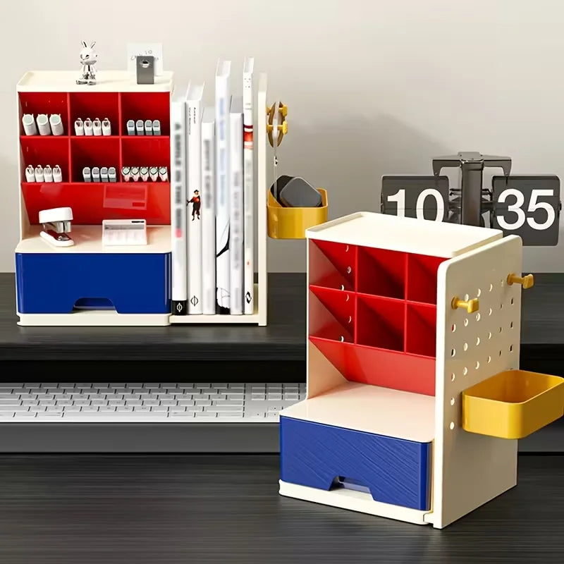Desk Organizer with Retractable Bookend - Plastic Multi-Compartment Pen Holder and Hanging Storage Board, Everstock