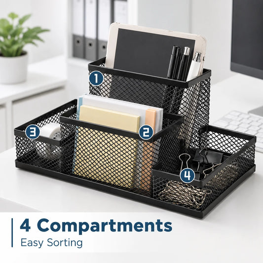 4-Tier Mesh Desk Organizer - Black Metal Desktop Caddy with Pencil Holder and Storage Baskets for Office and School, Everstock