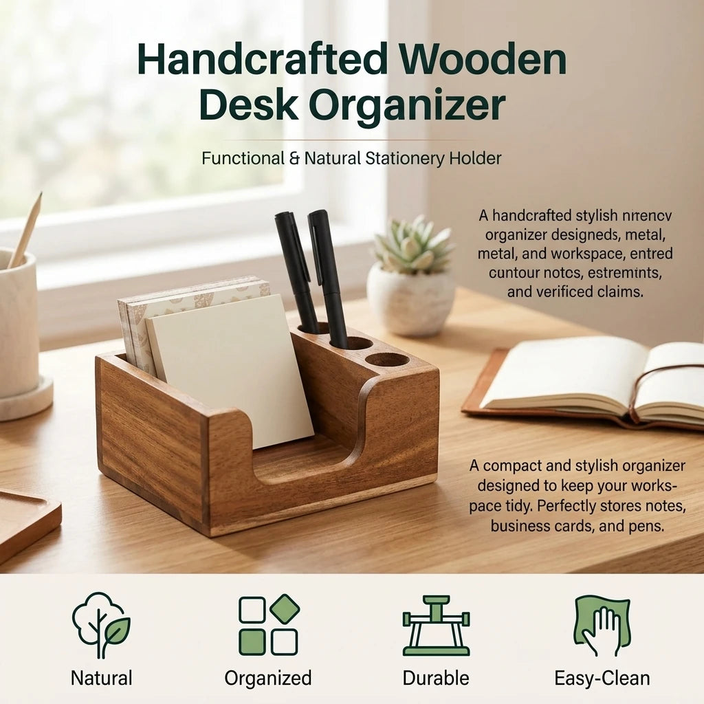 Solid Wood Desk Organizer - Pine and Beech Pen Holder with Compartments, 13 x 8 x 9.5 cm, for Office and Study, Everstock