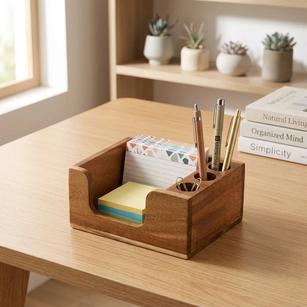 Solid Wood Desk Organizer - Pine and Beech Pen Holder with Compartments, 13 x 8 x 9.5 cm, for Office and Study, Everstock
