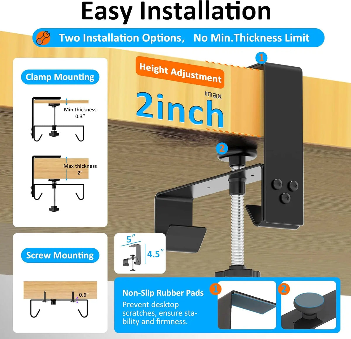 Under-Desk Cable Management Tray - Clamp or Screw Mount Cord Tray for Desks and Standing Desks, Everstock