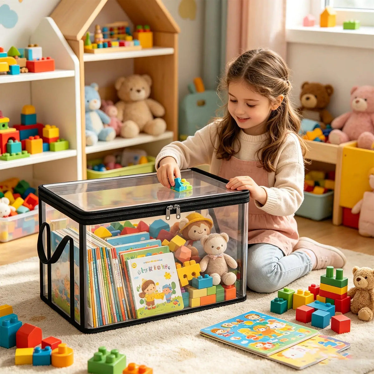 Stackable Storage Box with Lid - Clear PVC Zip Bin with Handles for Clothes, Bedding, Books and Toys, Everstock
