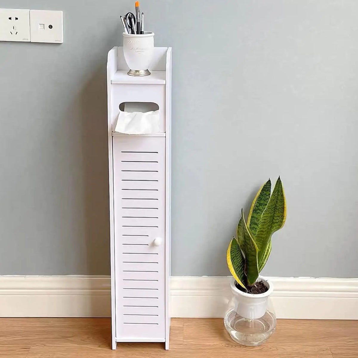 Slim Bathroom Storage Cabinet - Waterproof PVC 4-Tier Corner Unit for Toilet Paper, Towels and Toiletries, Everstock