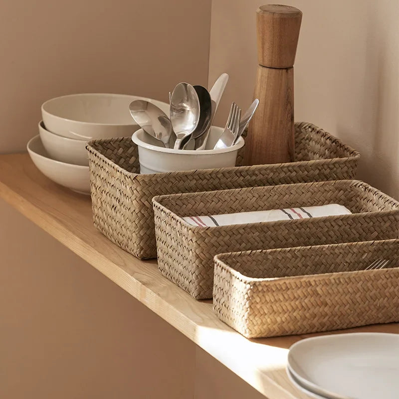 Seagrass Storage Basket - Handwoven Rectangular Organizer for Bathroom Counter, Shelf and Kitchen Sundries, Everstock