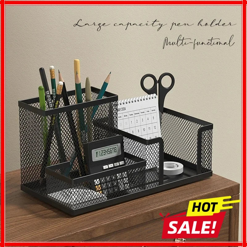 Mesh Desk Caddy - Black Metal Organizer with 3 Compartments and a Built-In Pencil Holder for Office Supplies, Everstock