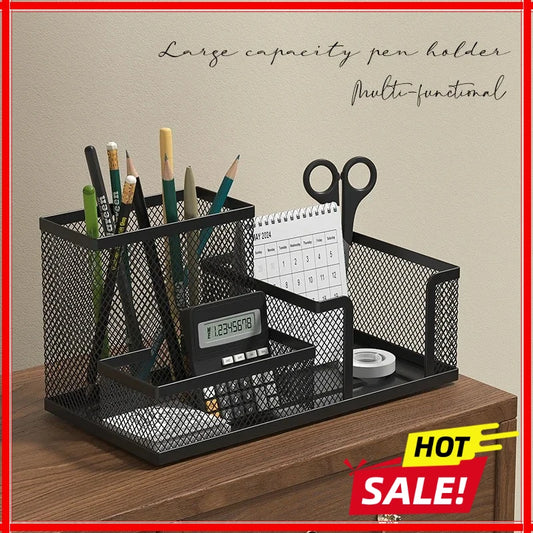 Mesh Desk Caddy - Black Metal Organizer with 3 Compartments and a Built-In Pencil Holder for Office Supplies, Everstock