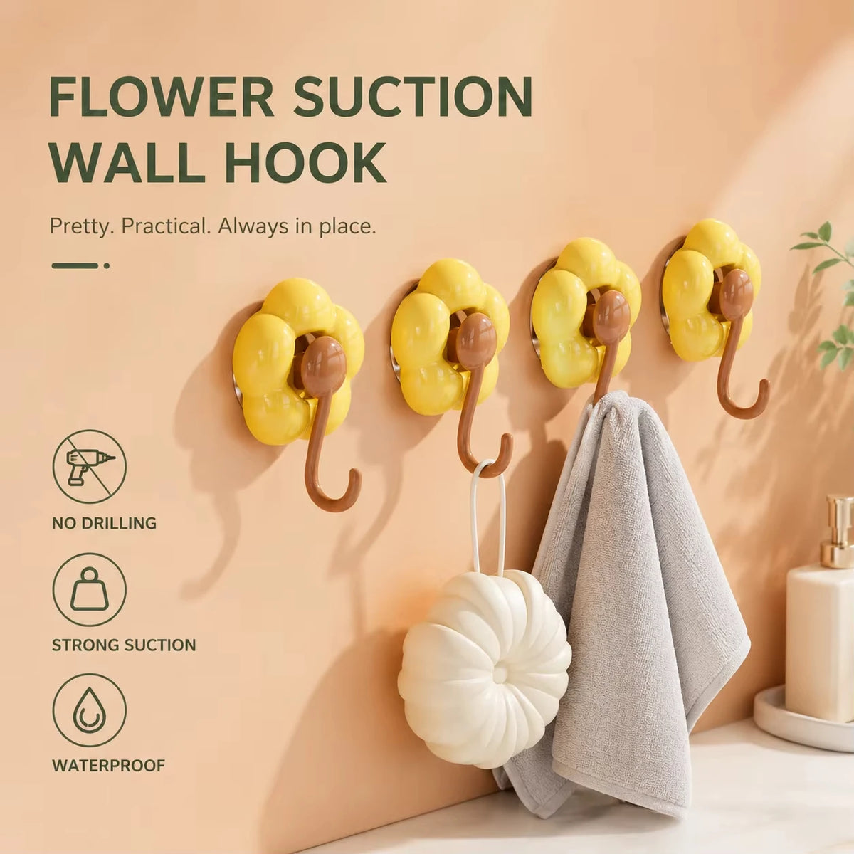 Sunflower Suction Cup Hook - No-Drill PVC Wall Hook for Kitchen, Bathroom and Living Room Tiles, Everstock