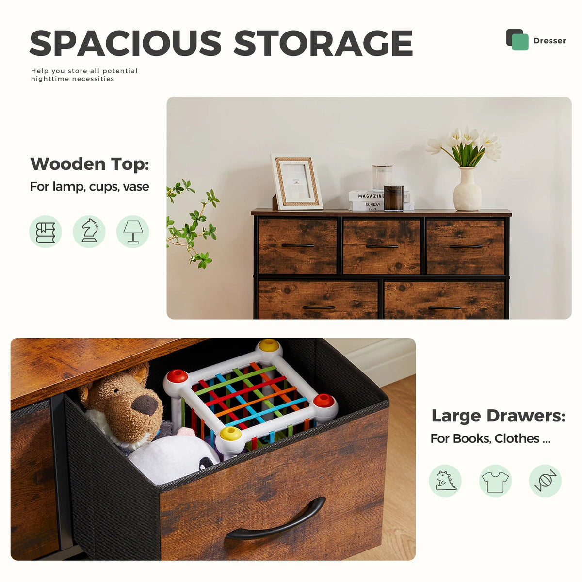7-Drawer Fabric Dresser - Wood Top Chest of Drawers with Metal Frame for Living Room, Bedroom & Entryway Storage, Everstock