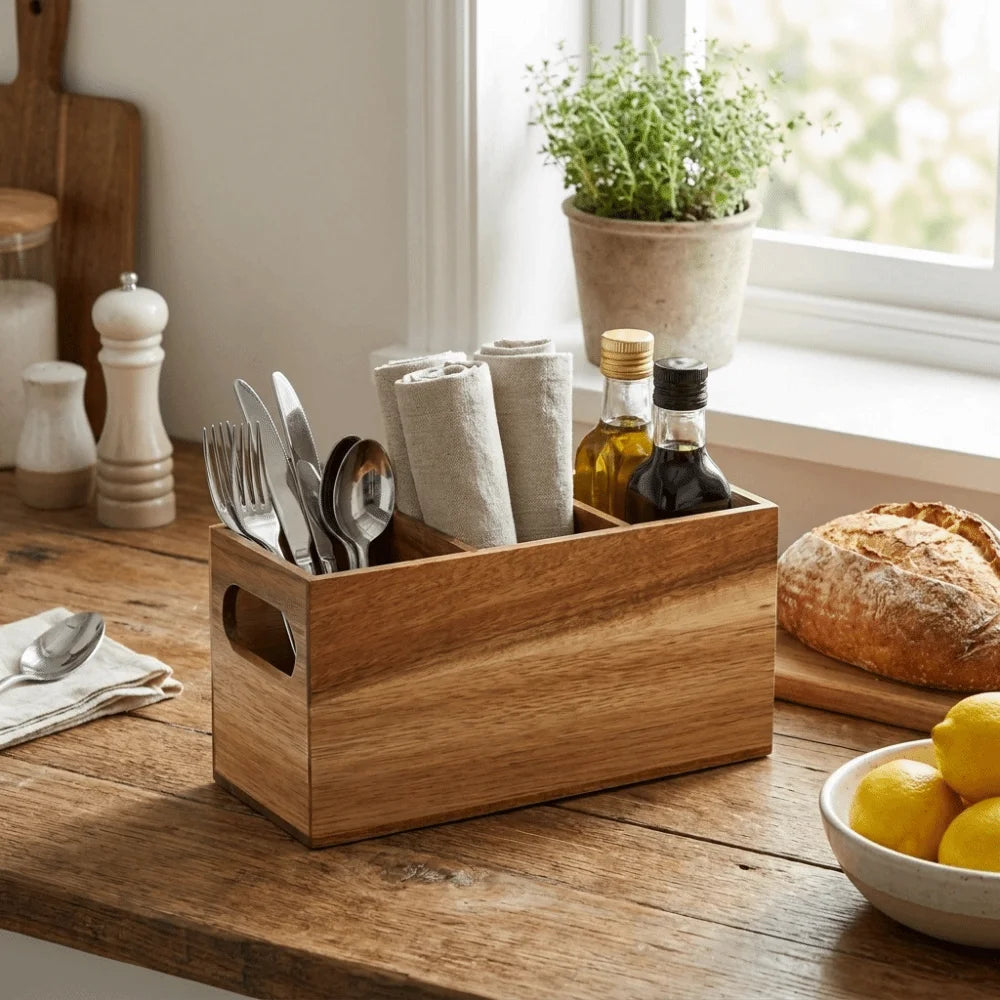 Rustic Cutlery Holder - 3-Section Wooden Countertop Storage Rack for Kitchen Utensils, Everstock