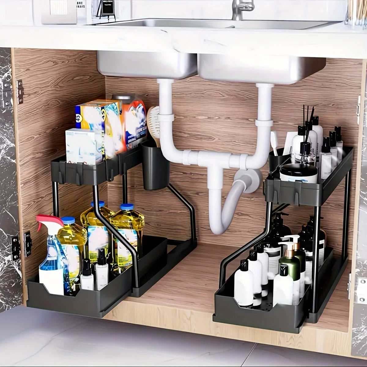 Under-Sink Pull-Out Organizer - 2-Tier Sliding Cabinet Storage Rack for Kitchen & Bathroom, Everstock