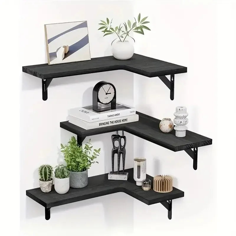 Wood Corner Shelf - Wall-Mounted Space-Saving Floating Display Shelf for Living Room & Bedroom, Everstock