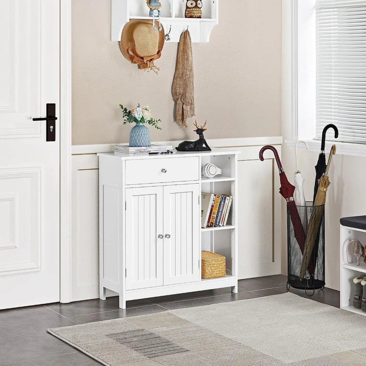 White Freestanding Storage Cabinet - Drawer & 2 Beadboard Doors for Bathroom Towel Storage, Everstock