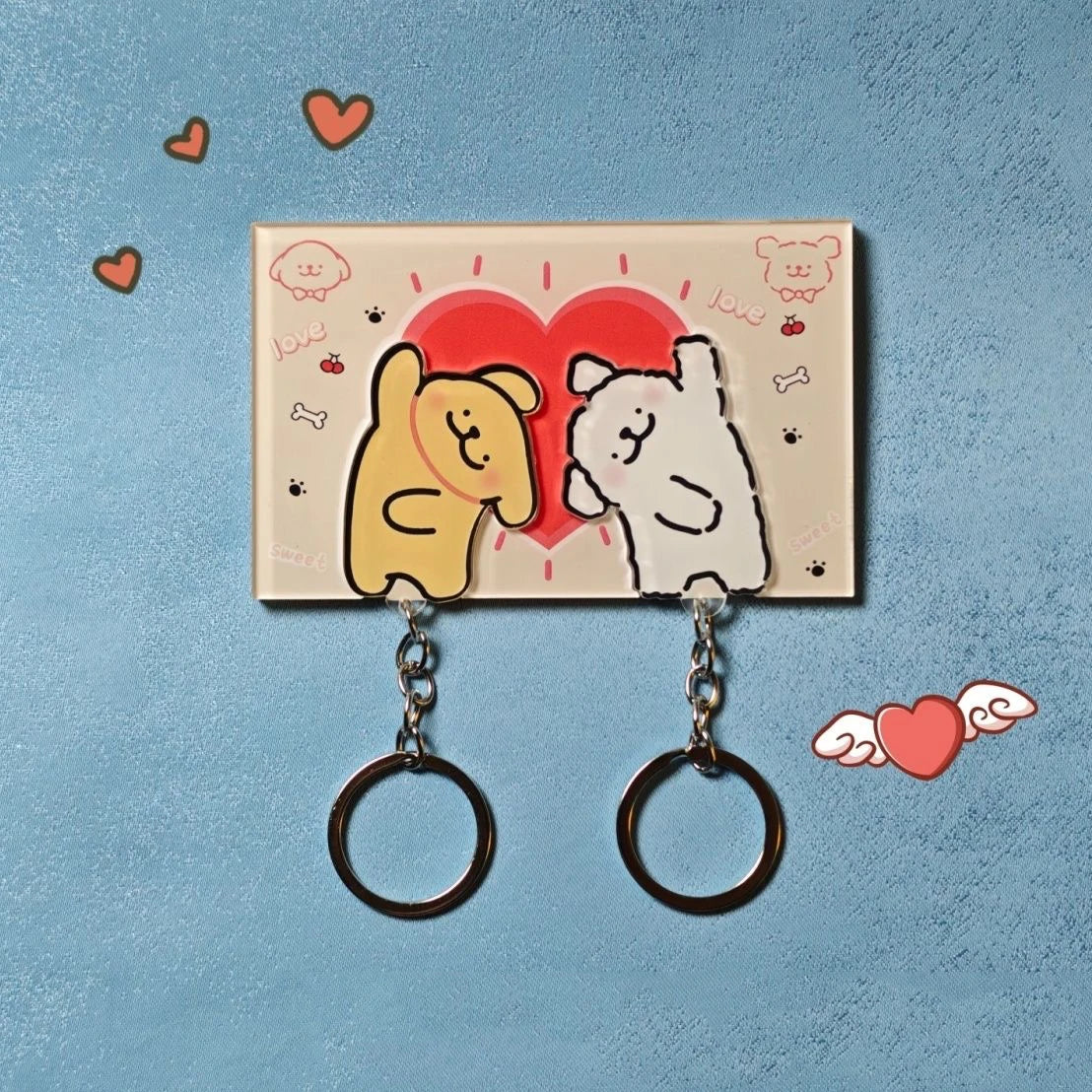 Couple Keychain Wall Hanger - Self-Adhesive Acrylic Key Holder with 2 Hooks for Doors and Shared Keys, Everstock