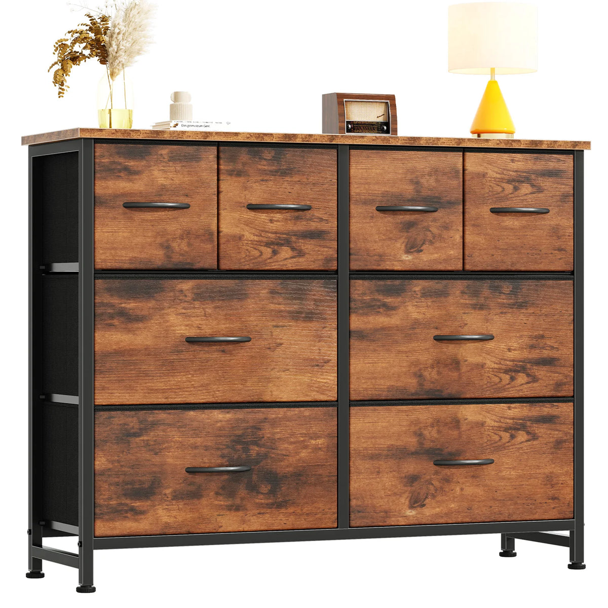 Wide Fabric Dresser & TV Stand - 63-Inch Storage Tower with Wood Top, Metal Frame and Deep Fabric Drawers, Everstock