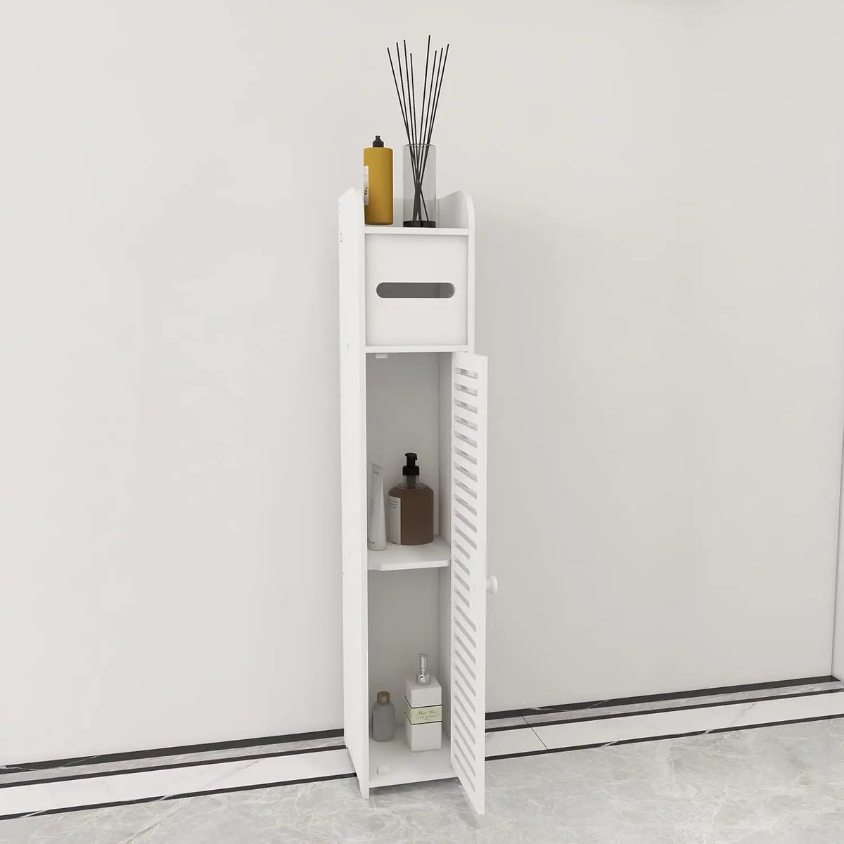 Slim Bathroom Storage Cabinet - Waterproof PVC 4-Tier Corner Unit for Toilet Paper, Towels and Toiletries, Everstock