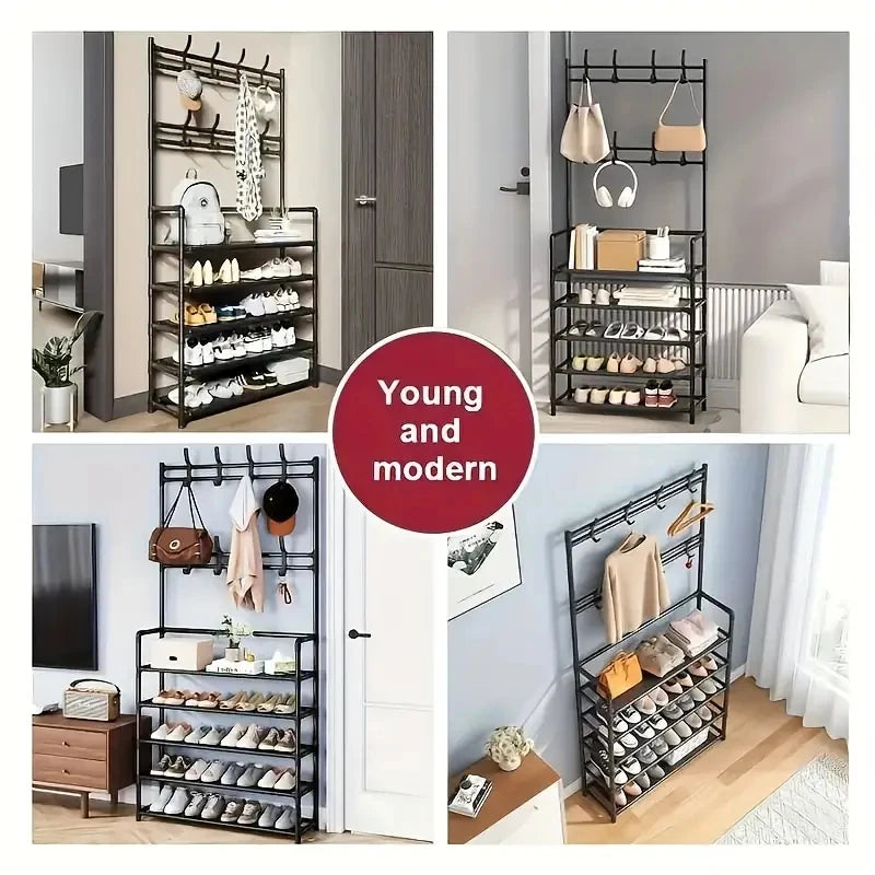 Entryway Coat and Shoe Rack - Double-Row Hook Garment Stand for Jackets, Hats, Bags and Umbrellas, Everstock