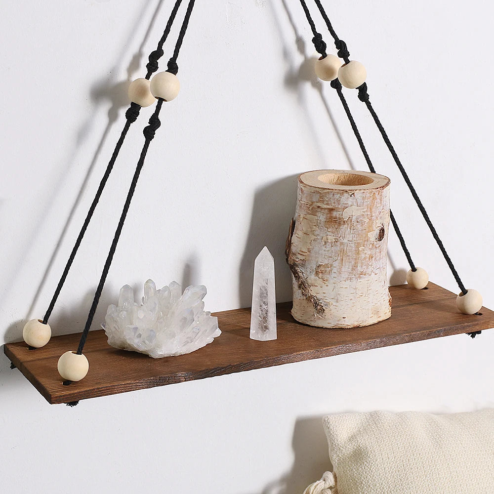 Boho Macrame Wall Shelf 2 Pack - Natural Recycled Wood Hanging Display Shelves with Bead Trim, Everstock