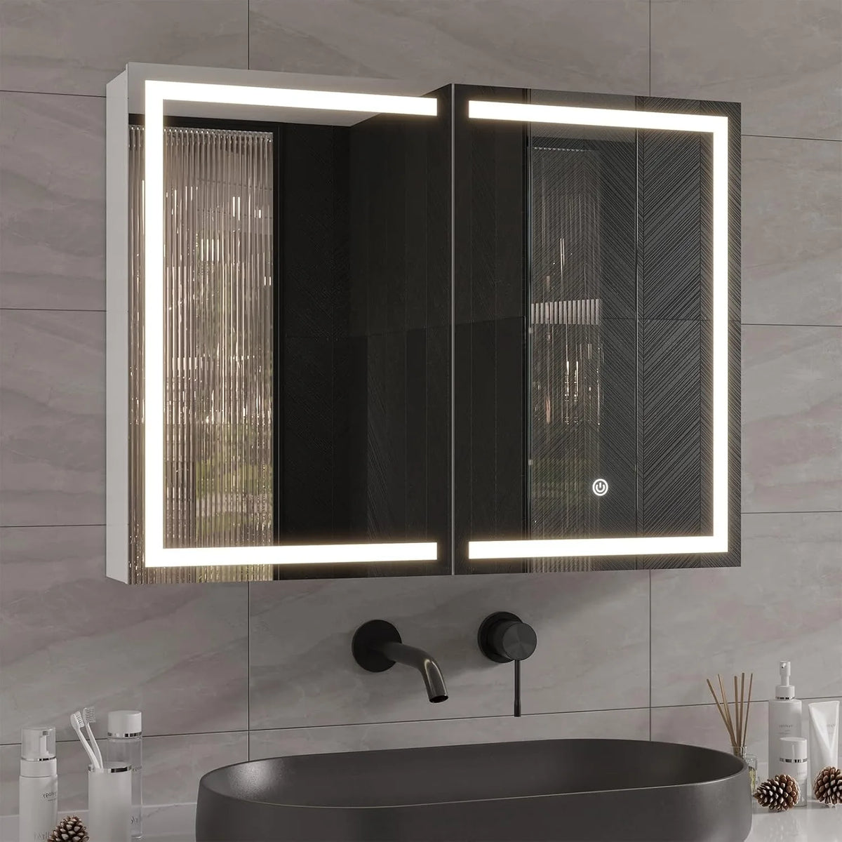 Wall-Mounted Mirror Storage Cabinet - LED Lighted Bathroom Cabinet with Adjustable Shelves, Everstock
